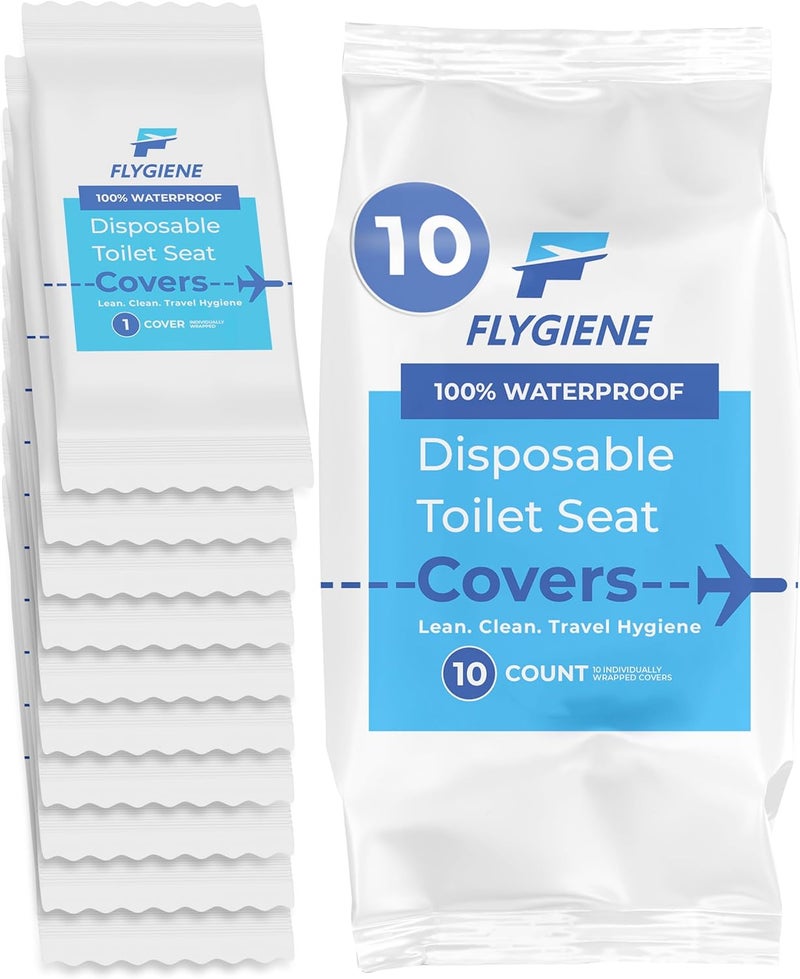 FLYGIENE Disposable Toilet Seat Covers for Travel – Waterproof, Tear-Resistant XL Toilet Liners with 2 Layers of Protection – Individually Wrapped Travel Size Toiletries - 10 Count (1 Pack of 10) - Image 1